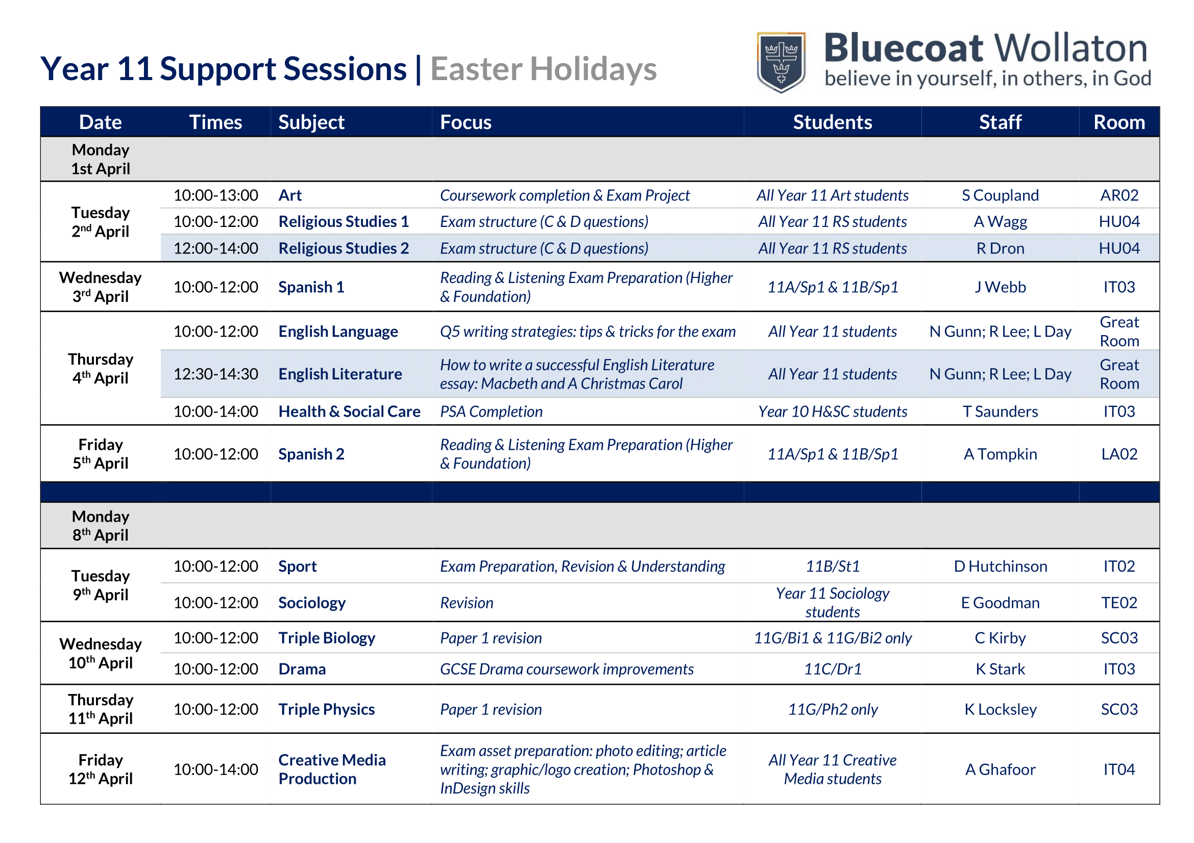 Revision at School Bluecoat Wollaton Academy